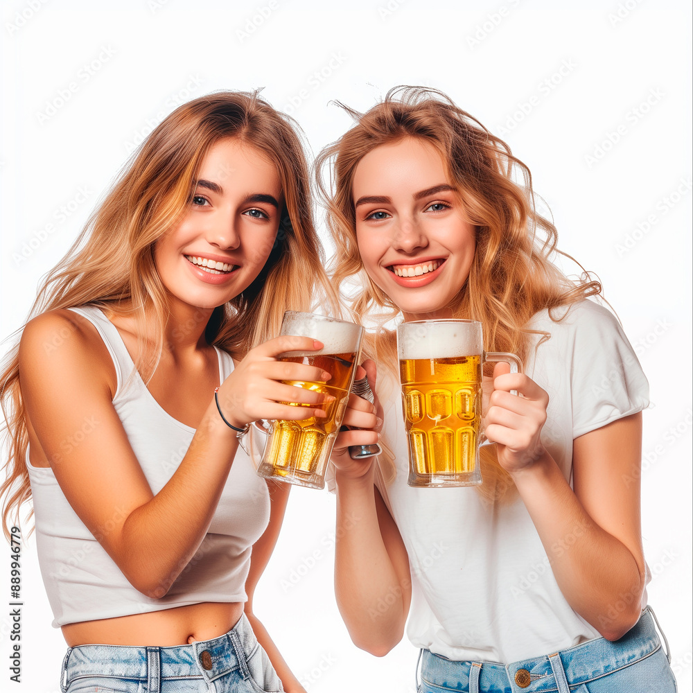 two women smiling and toasting with glasses of beer two women smiling and toasting with glasses of beer