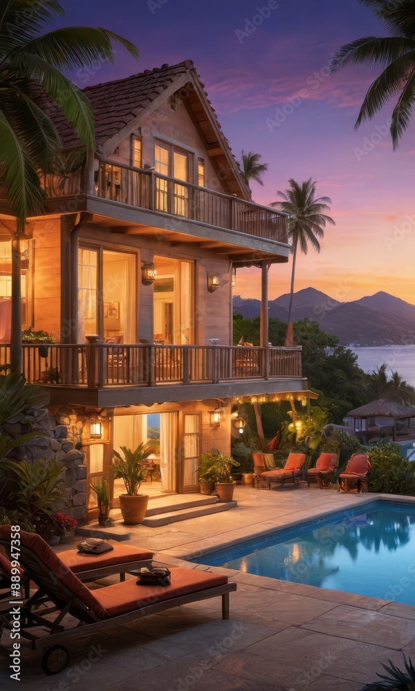 Luxury Tropical Villa with Swimming Pool at Sunset. Luxury Tropical Villa with Swimming Pool at Sunset.