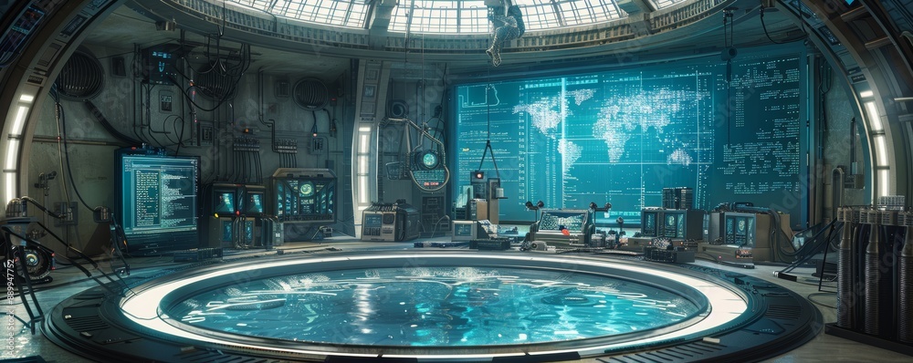 Obraz premium Futuristic High-Tech Control Room with Advanced Technology and Interactive Digital Displays