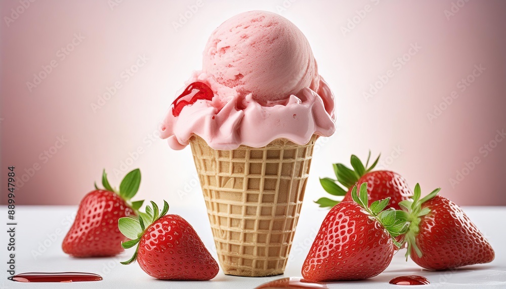 Strawberry Ice Cream Cone with Strawberries Strawberry Ice Cream Cone with Strawberries