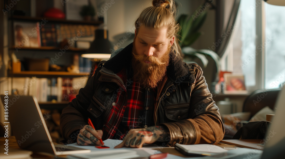Man Working at Desk with Laptop and Notes in Cozy Home Office 
