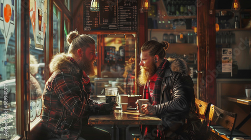 Two Bearded Men Having Coffee at Cafe © aimired