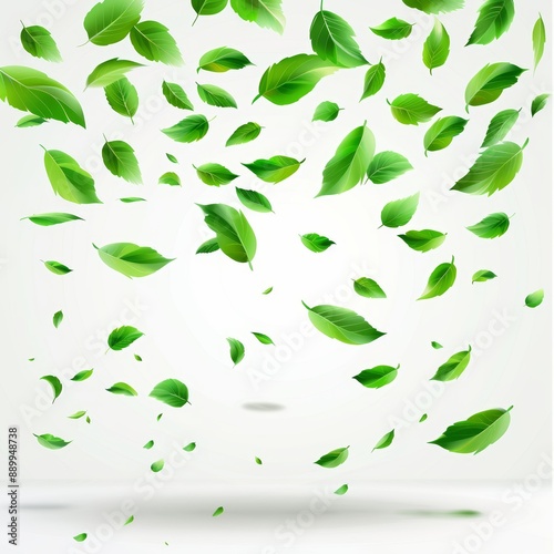 Fresh Green Leaves Falling Gracefully Against a White Background, Symbolizing Nature, Growth, and Renewal