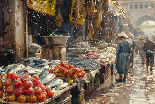 Wet Market Stall in a Southeast Asian City During a Rainy Day photo