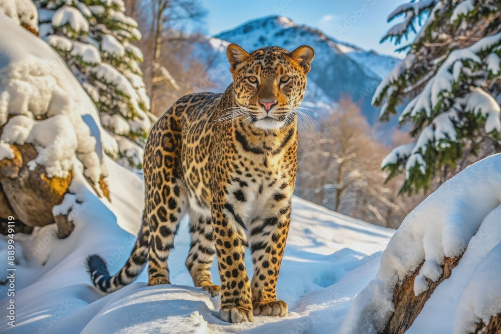 Fototapeta premium Majestic leopard curves beside snow-covered terrain, surrounded by winter landscapes, as stylish leopard-print pants lay abandoned, hinting at a boy's recent playful presence.