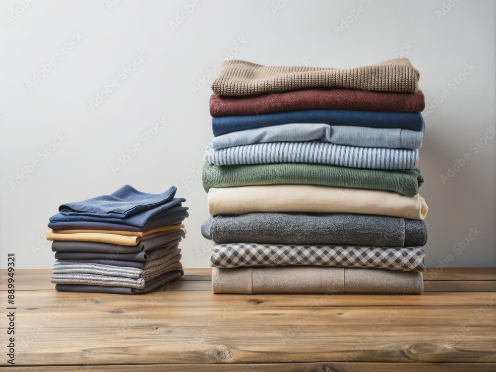 Neatly folded and arranged stack of clean clothes, including shirts and sweaters, on a wooden table against a crisp white background with ample copy space.
