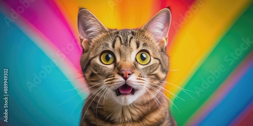 Adorable feline features exaggerated shock expression with open mouth, wide eyes, and raised eyebrows against a vibrant, bold colored background.