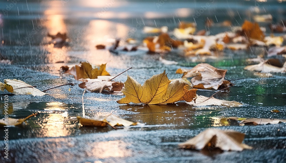 Fototapeta premium Autumn Leaves on a Wet Pavement