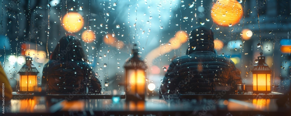 Obraz premium Cozy Outdoor Cafe Scene with Lanterns and Rainy Evening in the City