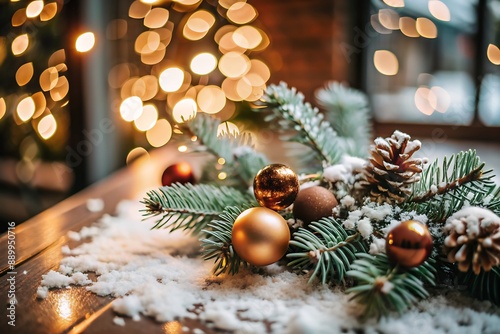 Wallpaper Mural Christmas Ornament and Pine Branch on Wooden Table. Torontodigital.ca