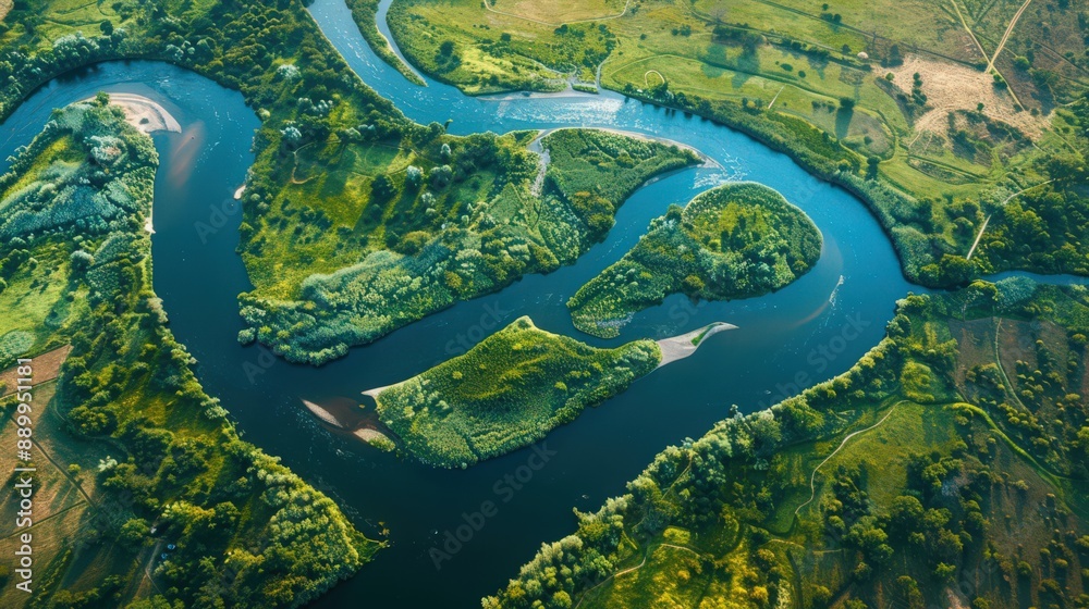Illustrate an aerial view of a river with a wide-angle lens effect, emphasizing the expansive view of its course. Illustrate an aerial view of a river with a wide-angle lens effect, emphasizing the expansive view of its course.