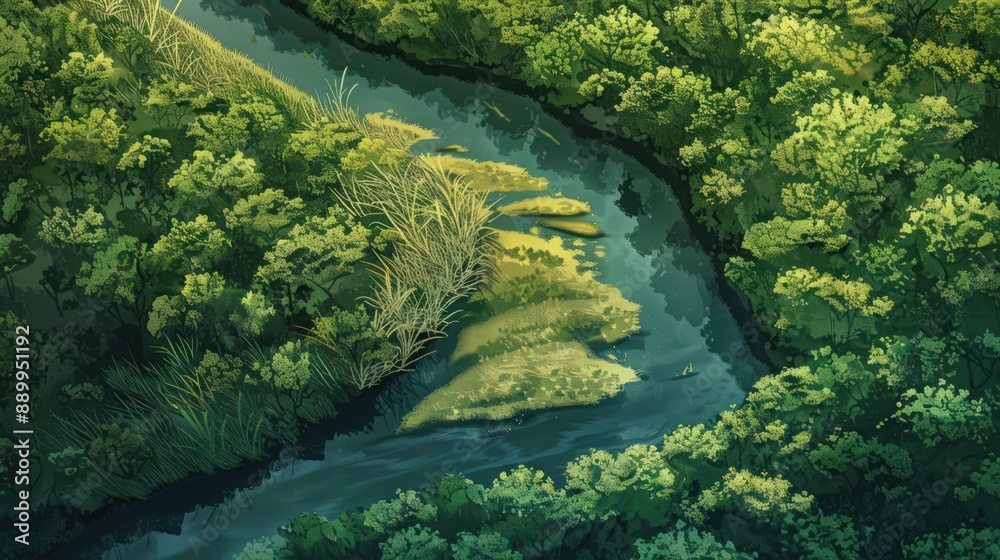 Illustrate an aerial view of a river with lush vegetation along its banks, adding a touch of green to the landscape. Illustrate an aerial view of a river with lush vegetation along its banks, adding a touch of green to the landscape.