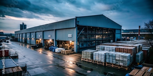 Industrial Building with Pallets at Dusk.