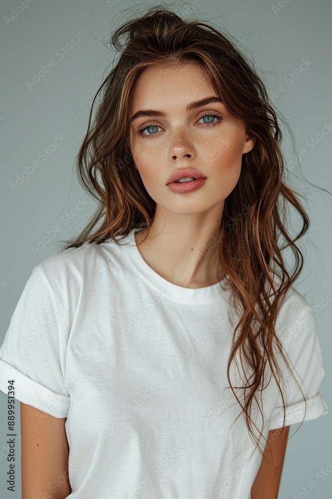 White tshirt mockup on woman model created with Generative AI White tshirt mockup on woman model created with Generative AI