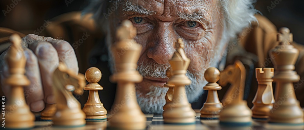 Fototapeta premium Elderly man studies chessboard with concentration.
