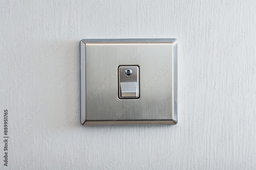 Modern electric switch with shiny metal lock and blank white wall behind, providing ample copy space for text and design, ideal for advertising and promotion. Modern electric switch with shiny metal lock and blank white wall behind, providing ample copy space for text and design, ideal for advertising and promotion.