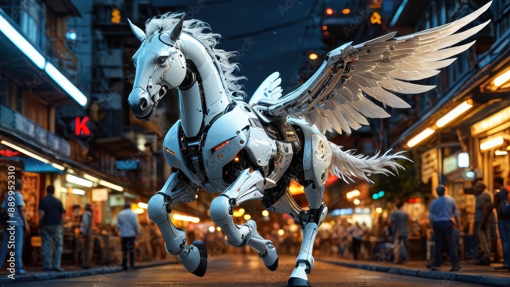 Naklejka premium Futuristic Pegasus in the City.