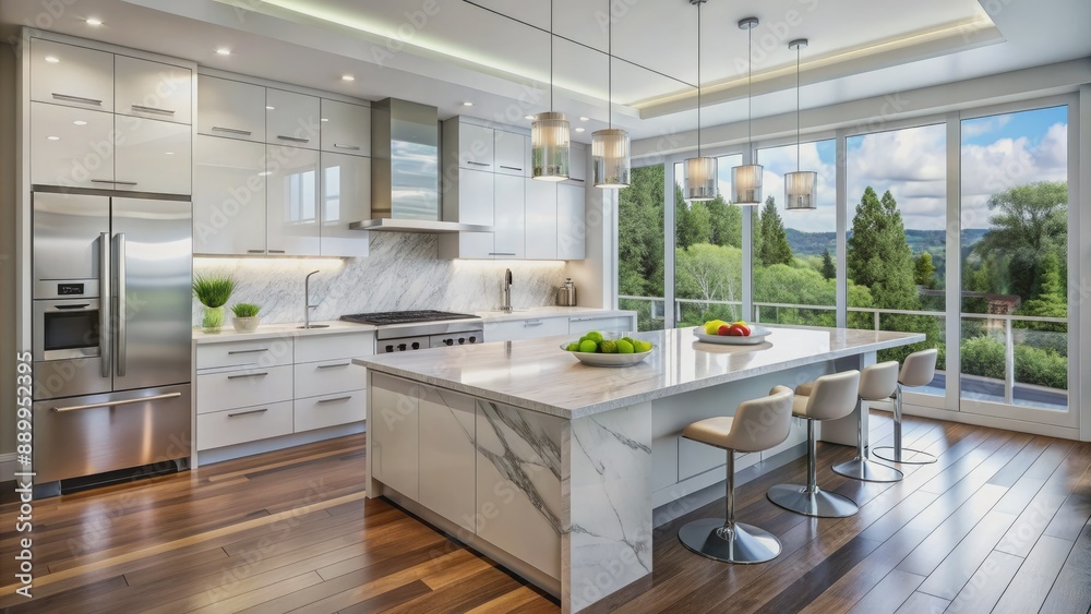 Spacious modern luxury kitchen with high-gloss white cabinets, sleek marble countertops, and stainless steel appliances amidst vast windows and polished hardwood flooring. Spacious modern luxury kitchen with high-gloss white cabinets, sleek marble countertops, and stainless steel appliances amidst vast windows and polished hardwood flooring.