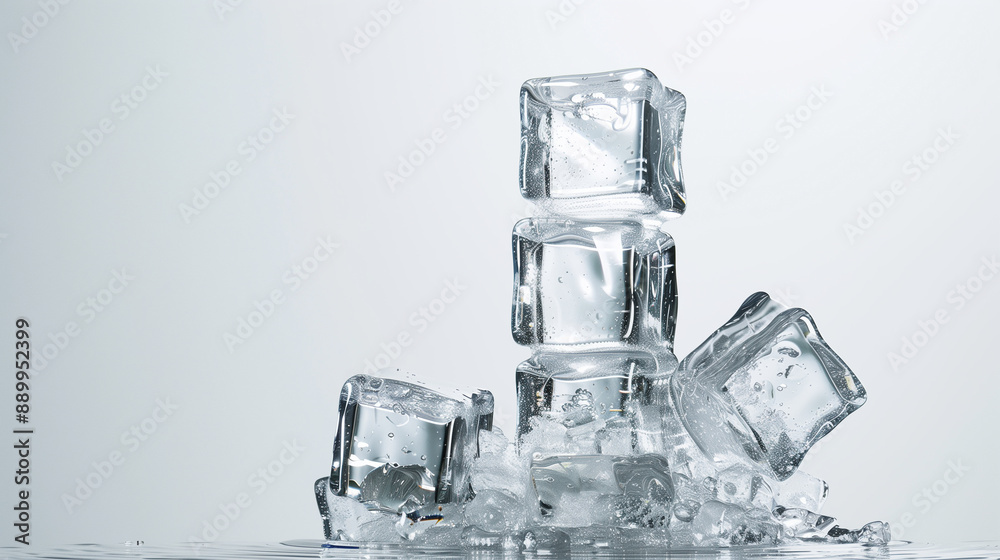 Stack of melting ice cubes on reflective surface in monochrome.. Stack of melting ice cubes on reflective surface in monochrome..