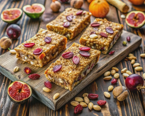 Vibrant homemade granola energy bars featuring juicy figs, wholesome oats, crunchy almonds, sweet dried cranberries, nutritious chia seeds, and toasted sunflower seeds on a wooden background.
