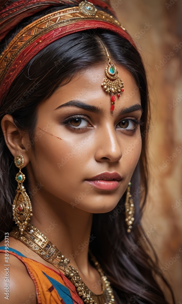 Beautiful Indian Woman with Traditional Jewelry and Headband. Beautiful Indian Woman with Traditional Jewelry and Headband.