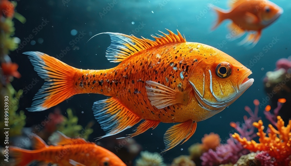 Orange Fish Swimming in Aquarium. Orange Fish Swimming in Aquarium.
