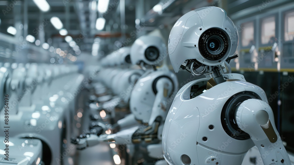 Photograph a production line where robots assemble and test household appliances, from washing machines to refrigerators, showcasing versatility in manufacturing Photograph a production line where robots assemble and test household appliances, from washing machines to refrigerators, showcasing versatility in manufacturing
