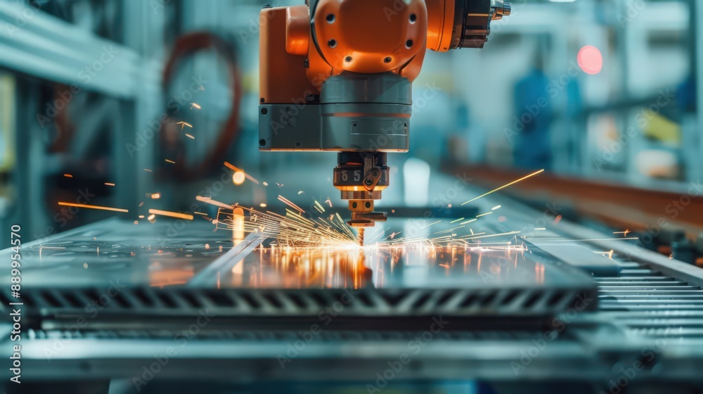 Photograph a robotic arm precisely cutting materials for industrial use, emphasizing the efficiency and accuracy of robotic cutters