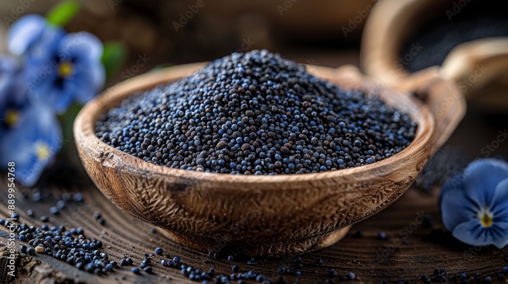 Poppy seeds in small wooden bowl on dark table. Poppies head on board with backlight. Poppy seeds in small wooden bowl on dark table. Poppies head on board with backlight.