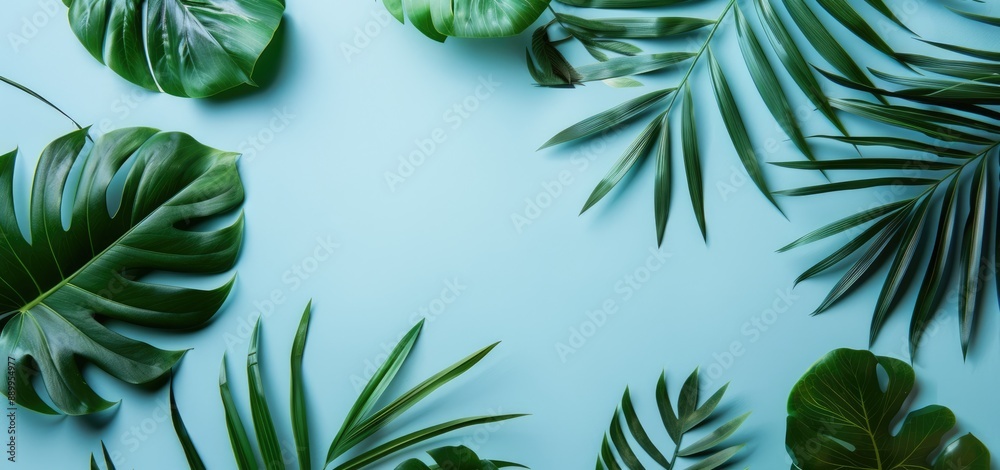 Tropical Leaf Frame on a Blue Background Tropical Leaf Frame on a Blue Background