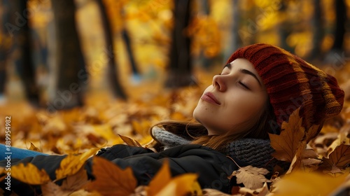 Young woman during break in autumn forest. 