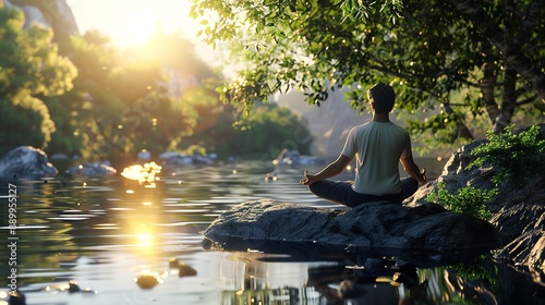 someone meditates on a riverside rock with dense forest photo