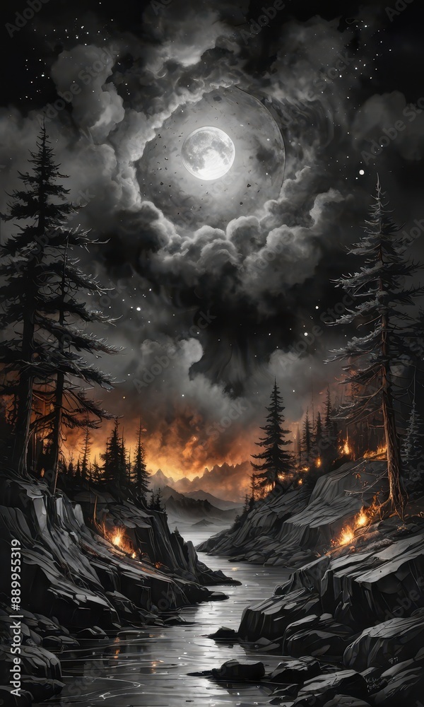Obraz premium Night Sky with Fire and Full Moon.