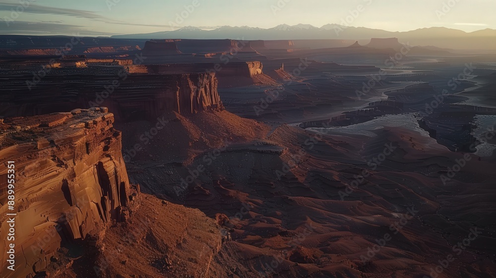 Present an aerial panorama of a canyon at twilight, with the sky transitioning from day to night. Present an aerial panorama of a canyon at twilight, with the sky transitioning from day to night.