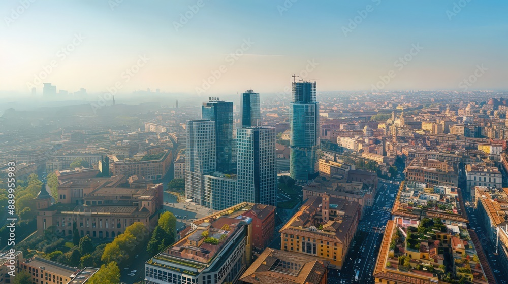 Fototapeta premium Present an aerial panorama of Rome's modern business district, with skyscrapers and office buildings contrasting against its historic landmarks