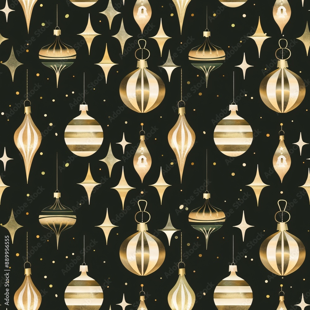 A seamless pattern featuring Christmas ornaments and wrapping paper with gold foil accents, in a luxurious and repetitive design