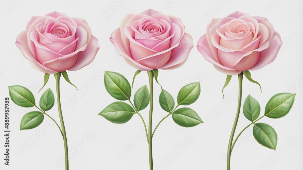 Delicate trio of soft pink rose blooms, petals gently curled, stem and leaves vivid green, against a crisp white backdrop. Delicate trio of soft pink rose blooms, petals gently curled, stem and leaves vivid green, against a crisp white backdrop.