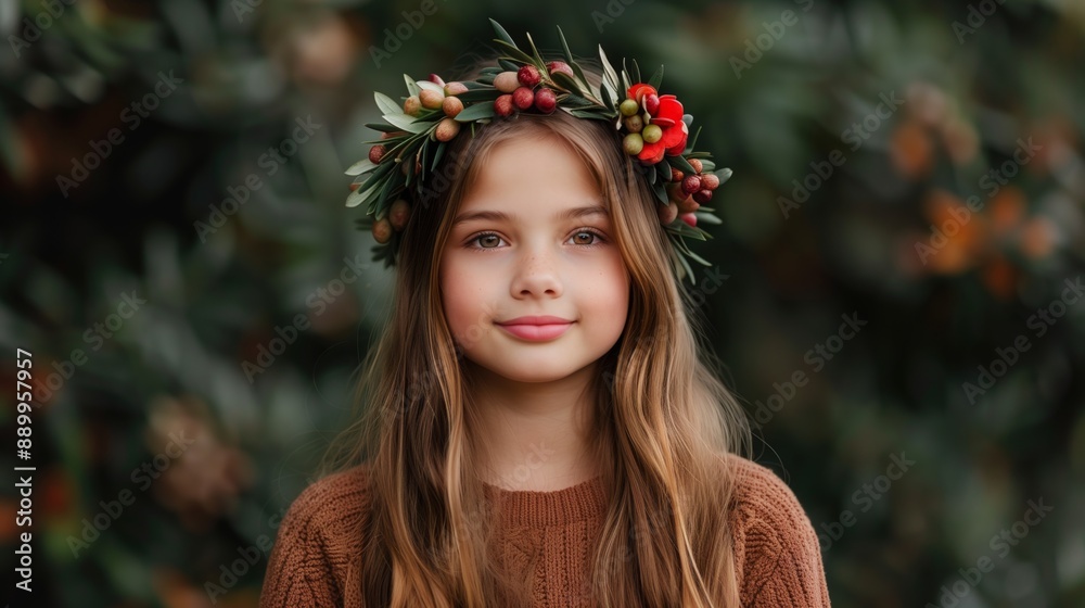 Girl with long brown hair wears flower wreath in front of green background Girl with long brown hair wears flower wreath in front of green background