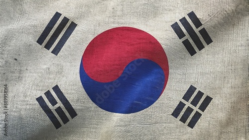 South Korea and Japan linen national flags close-up 3d illustration canvas texture Seoul Tokyo state national symbols. photo