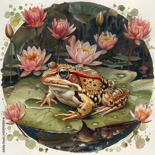 watercolor painting Frog on a lotus leaf in a swamp pink lotus pond photo