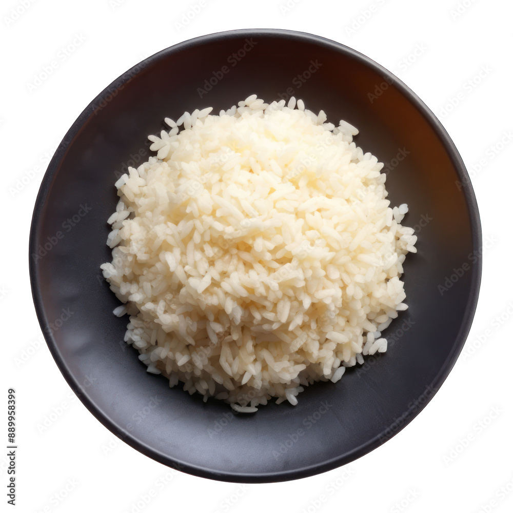 A top view boiled rice on black plate isolated on transparent background A top view boiled rice on black plate isolated on transparent background