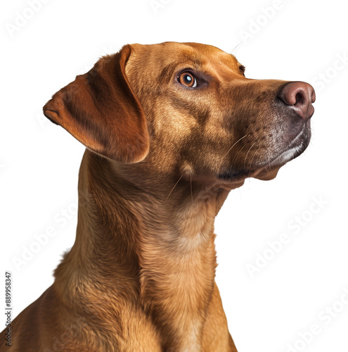 A detailed side profile of a brown dog with a focused and alert expression. The image highlights the dog's smooth coat and expressive eyes, capturing its attentive and intelligent nature