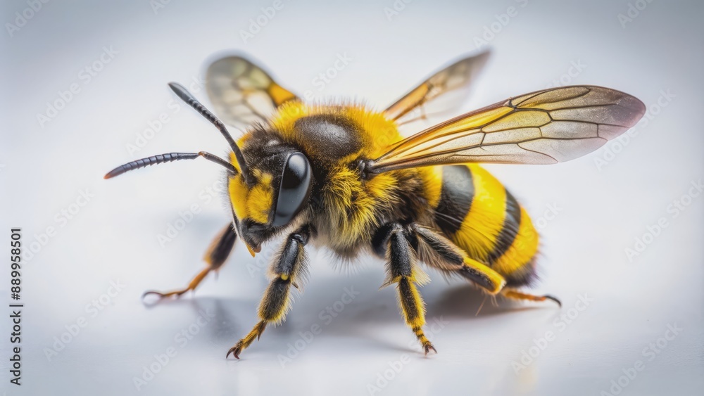 Isolated, bright yellow and black bee stands alone, wings folded, on a pristine, neutral white studio background, stark and Minimalist. Isolated, bright yellow and black bee stands alone, wings folded, on a pristine, neutral white studio background, stark and Minimalist.
