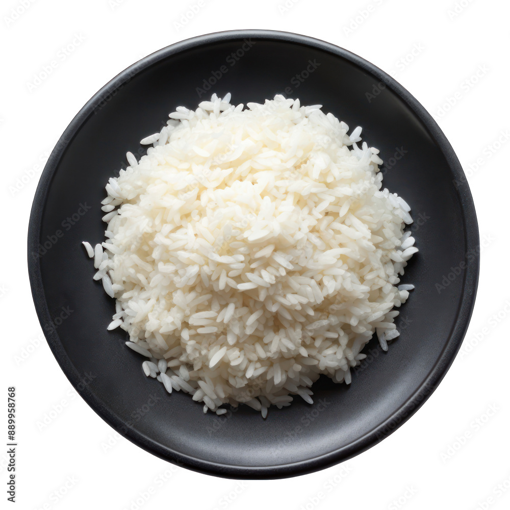 A top view boiled rice on black plate isolated on transparent background A top view boiled rice on black plate isolated on transparent background