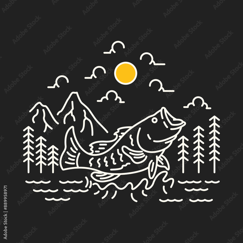 Fisherman Fishing Adventure Monoline Vector Illustration 1 Fisherman Fishing Adventure Monoline Vector Illustration 1