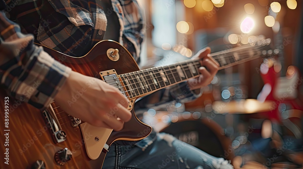Fototapeta premium Guitarist adjusting tuning pegs, preparing for a recording session