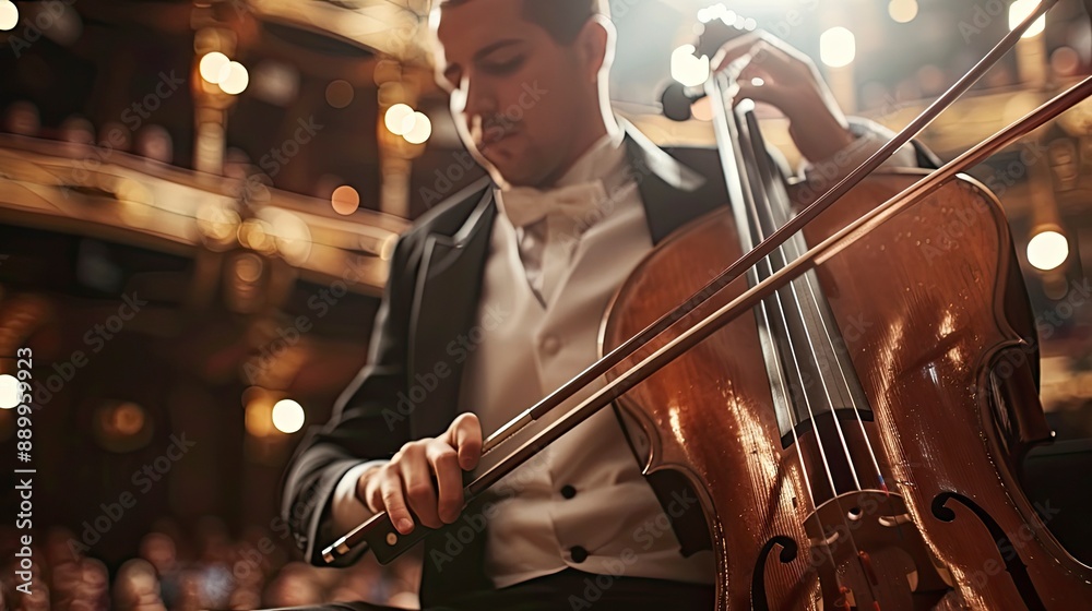 Fototapeta premium Cellist performing in a concert hall, bow gliding smoothly across strings