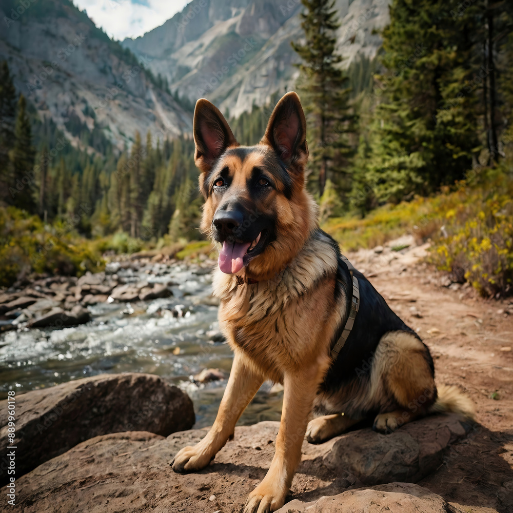 German shepherd sitting with a mountain forest view in the background German shepherd sitting with a mountain forest view in the background