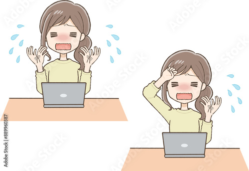 A Woman in Casual Wear Feeling Hot in Front of a Computer