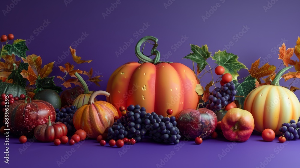 3D style pumpkins and autumn fruits on purple background 3D style pumpkins and autumn fruits on purple background
